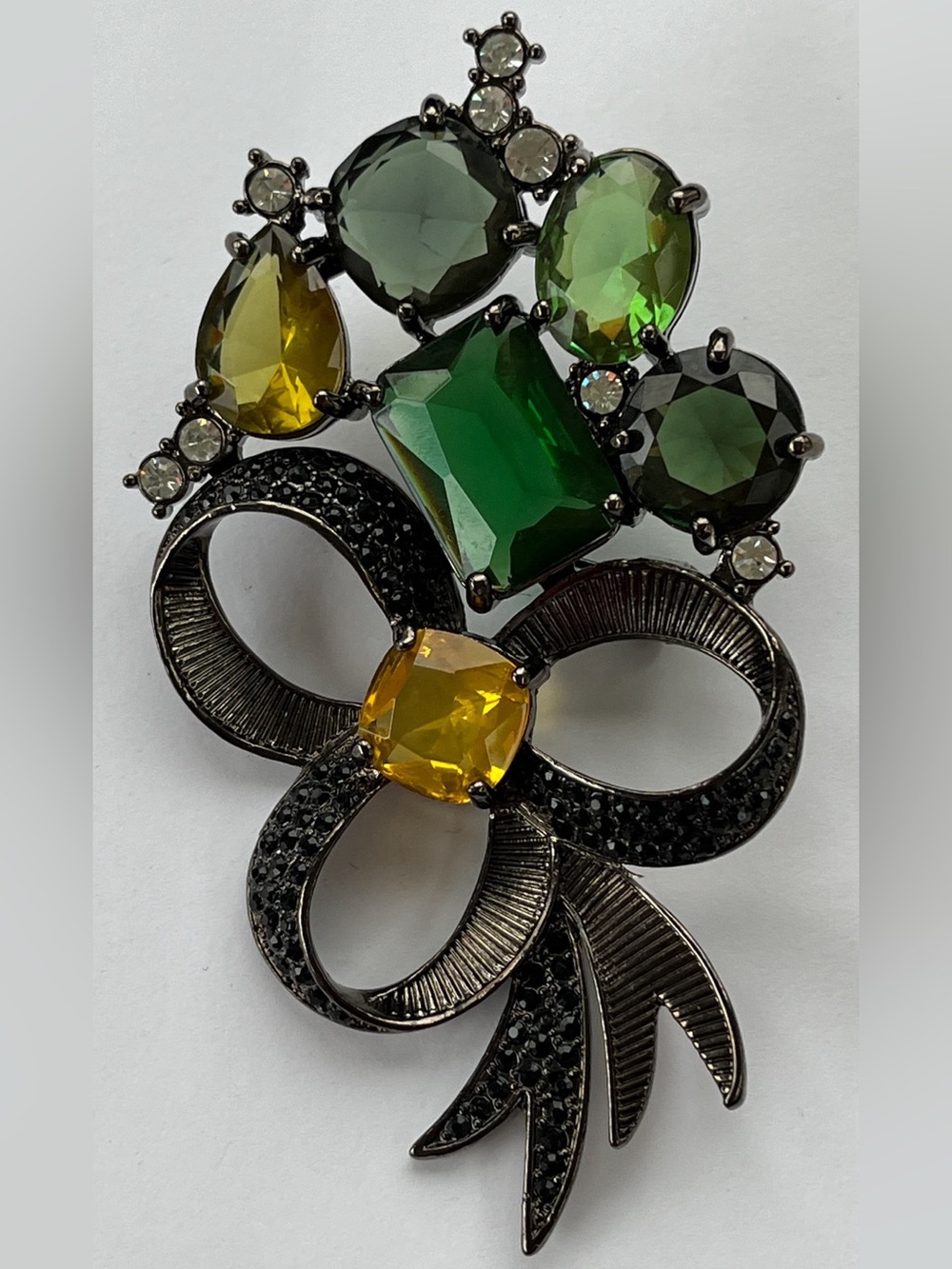Vintage Avon 4"+ Bow Brooch Pin Gunmetal Rhinestone Multicolor